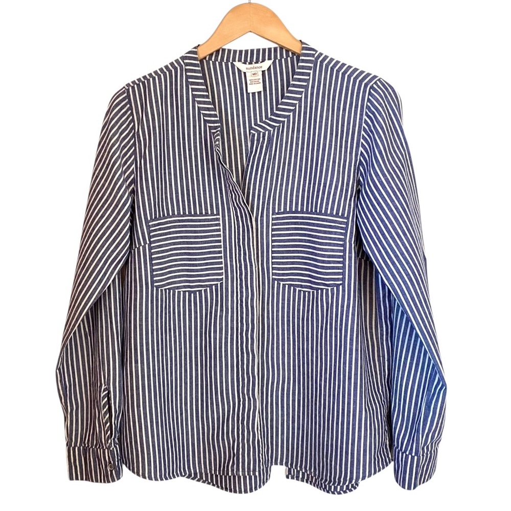 Sundance Navy Blue Striped Button Up Classic Coastal 100% Cotton Band Collar M